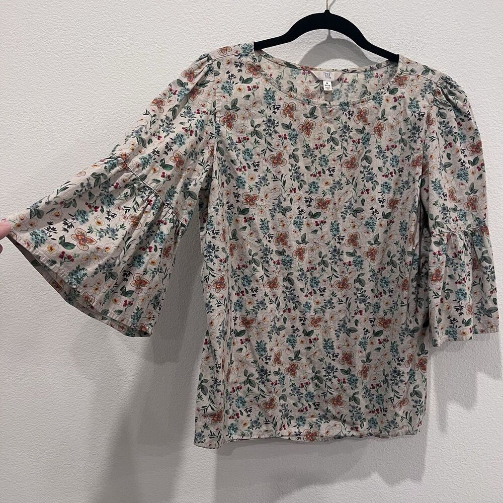 Women’s Fluttery Sleeve Floral Vintage Print Top Blouse Medium Cottage Boho
